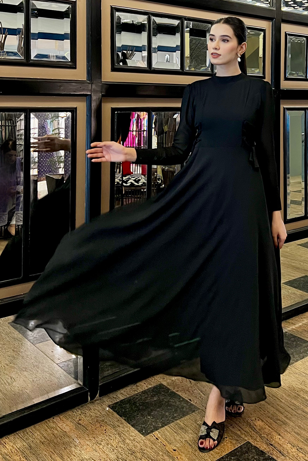 Ruffled Flare Sleeve High Waist Elastic Chiffon Dresses