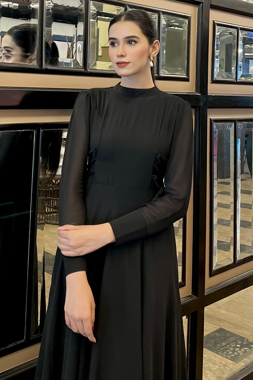 Ruffled Flare Sleeve High Waist Elastic Chiffon Dresses