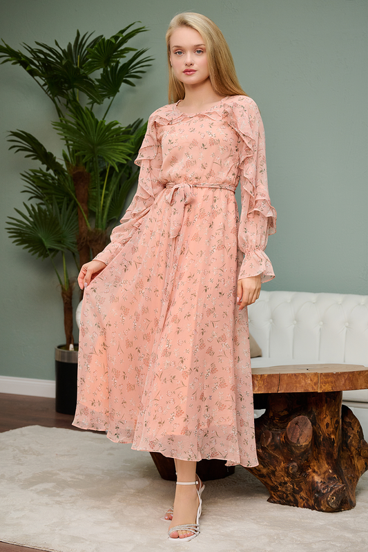 Pink Floral Chiffon Maxi Dress