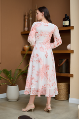 Pink Chiffon V-Neck Long Dress - Autumn
