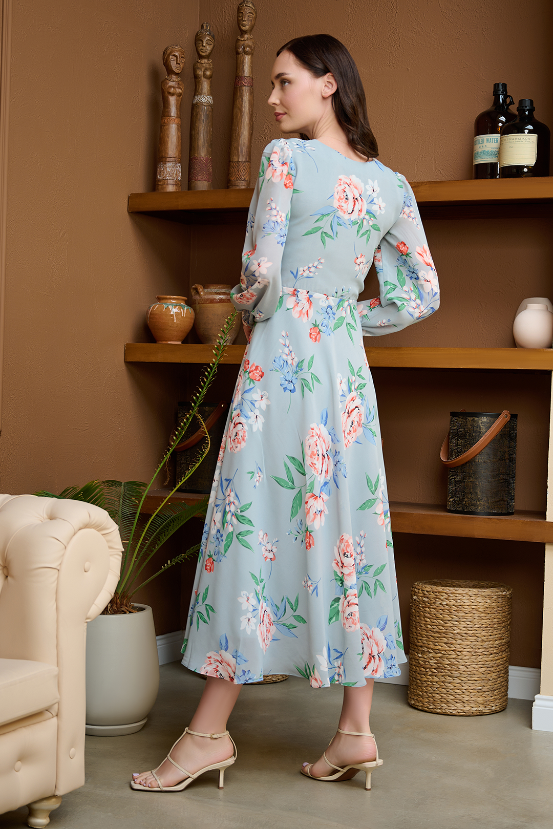 Pale Blue Floral Flared Maxi Dress