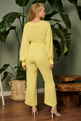 Yellow Contrast Mesh Bishop Sleeve Belted Jumpsuit