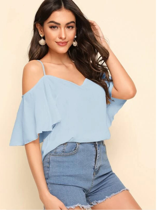 Blue Cold Shoulder Layered Sleeve Top