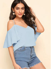 Blue Cold Shoulder Layered Sleeve Top