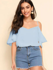 Blue Cold Shoulder Layered Sleeve Top
