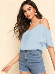 Blue Cold Shoulder Layered Sleeve Top
