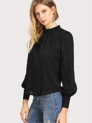 Button Cuff Gathered Neck Top