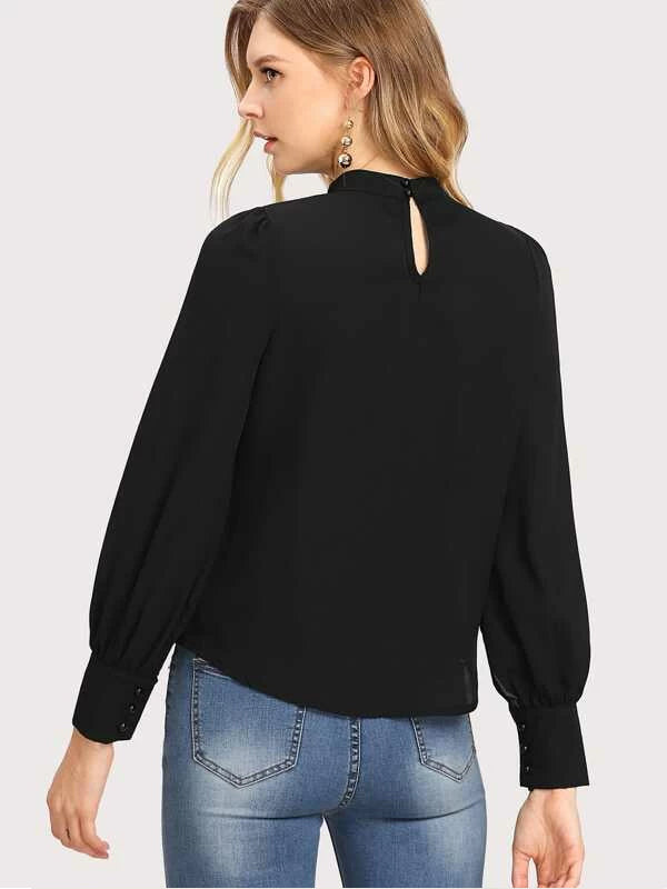 Button Cuff Gathered Neck Top