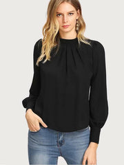 Button Cuff Gathered Neck Top