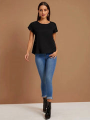 Black Button Detailing Rolled Cuff Top