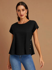 Black Button Detailing Rolled Cuff Top