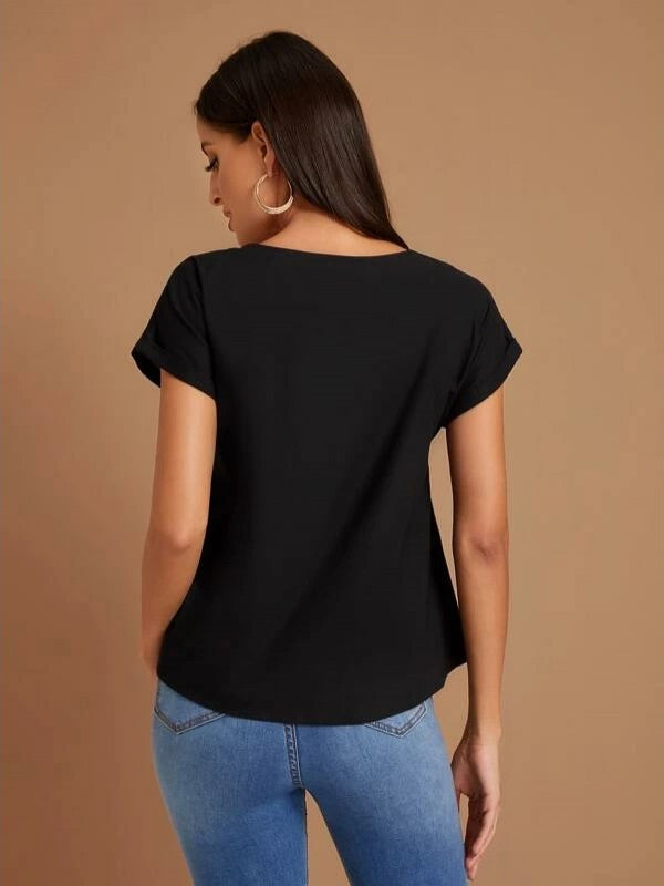 Black Button Detailing Rolled Cuff Top