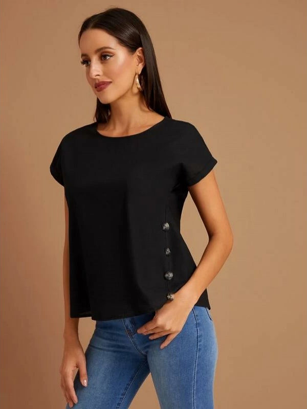 Black Button Detailing Rolled Cuff Top