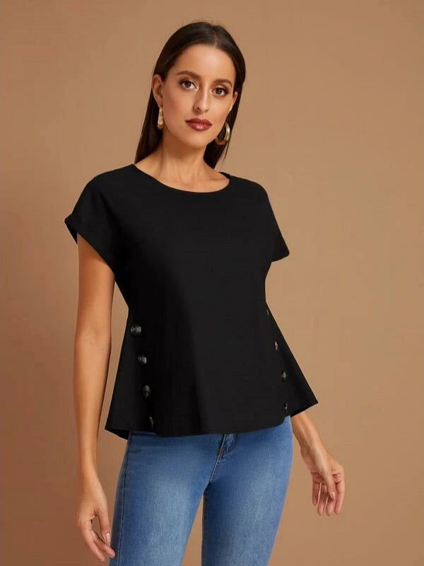 Black Button Detailing Rolled Cuff Top