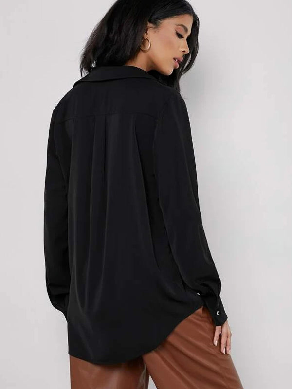 Black Fold Pleated Back Solid Blouse