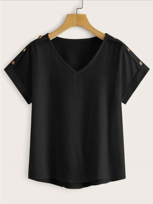 Black Side Button Roll Up Sleeve Blouse