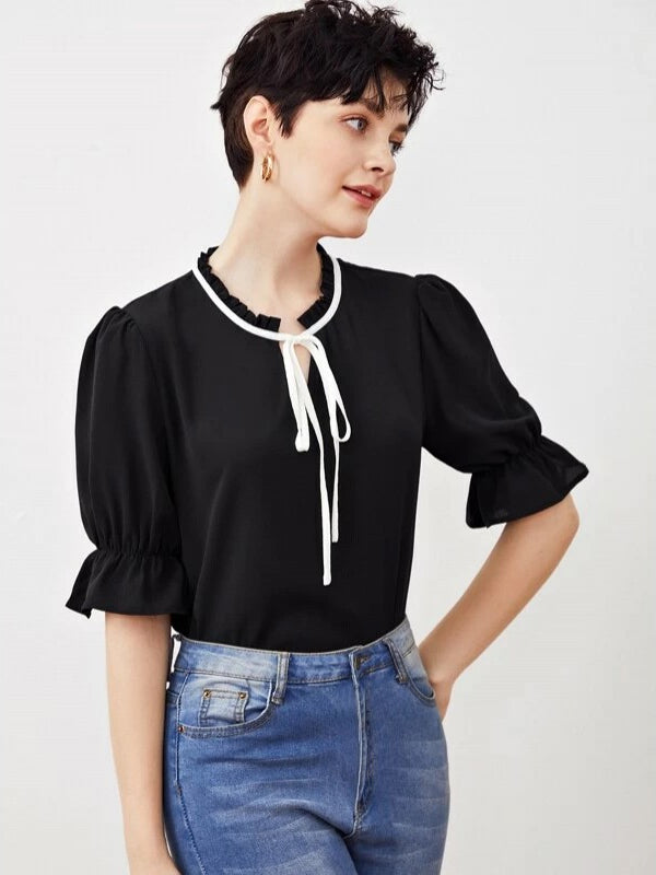 Black Tie Neck Flounce Sleeve Blouse