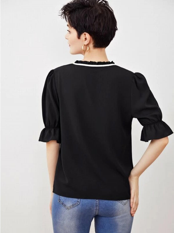 Black Tie Neck Flounce Sleeve Blouse