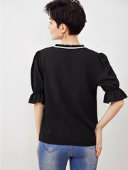 Black Tie Neck Flounce Sleeve Blouse