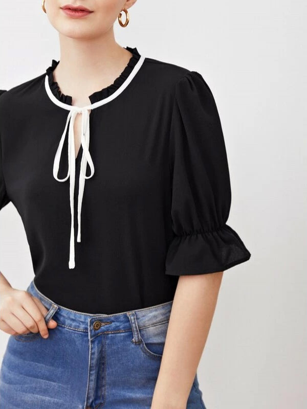 Black Tie Neck Flounce Sleeve Blouse