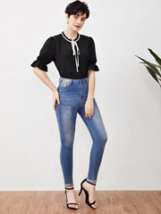 Black Tie Neck Flounce Sleeve Blouse