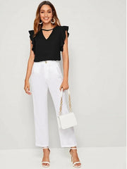 Black V-Cut Neck Butterfly Sleeve Top