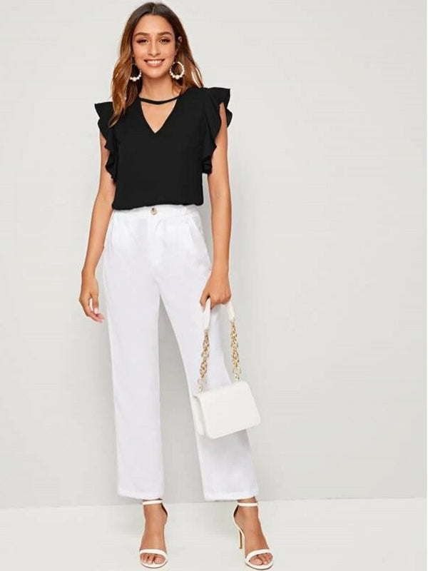 Black V-Cut Neck Butterfly Sleeve Top