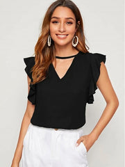 Black V-Cut Neck Butterfly Sleeve Top