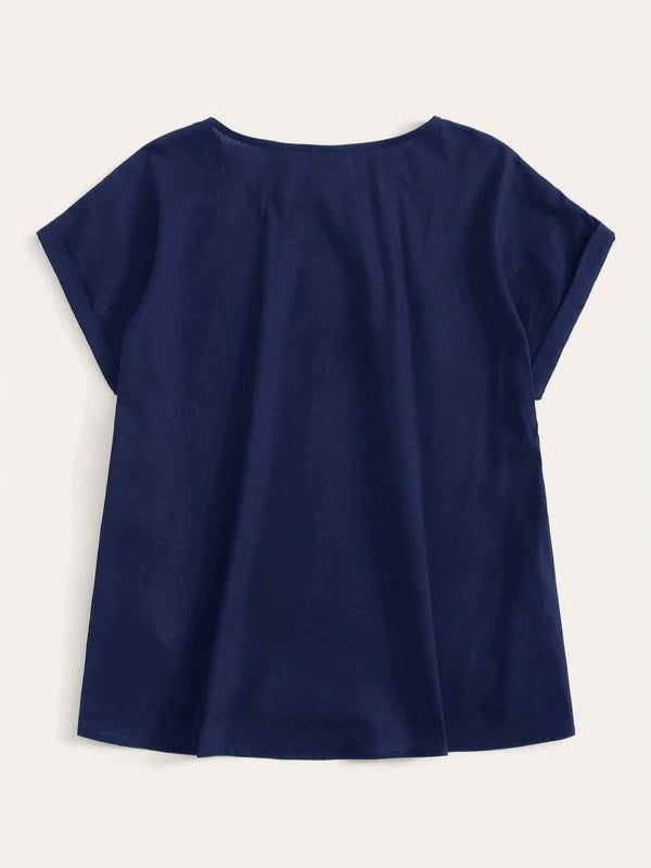 Blue Button Detailing Rolled Cuff Top