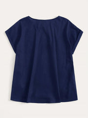Blue Button Detailing Rolled Cuff Top