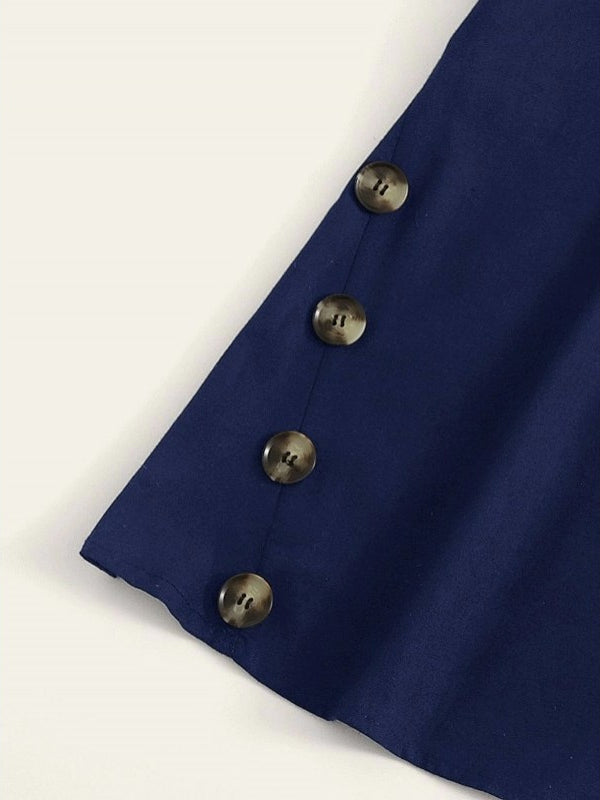 Blue Button Detailing Rolled Cuff Top