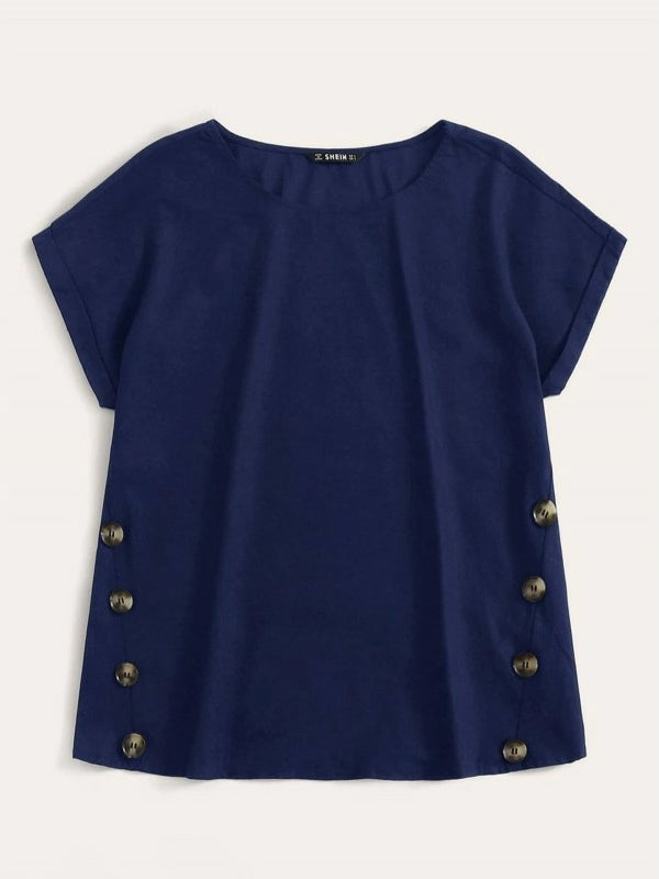 Blue Button Detailing Rolled Cuff Top