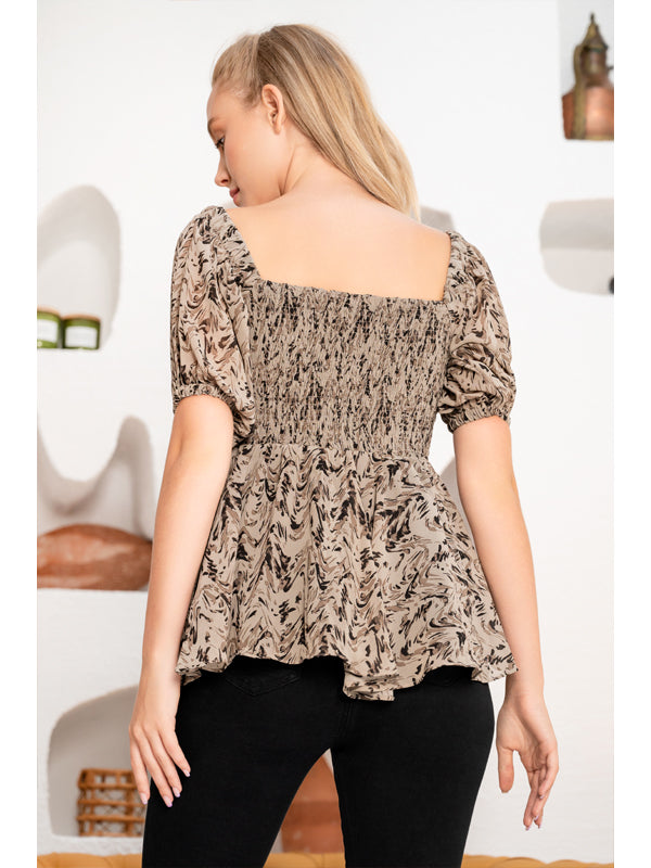Square Neck Shirred Allover Print Peplum Blouse - Grey