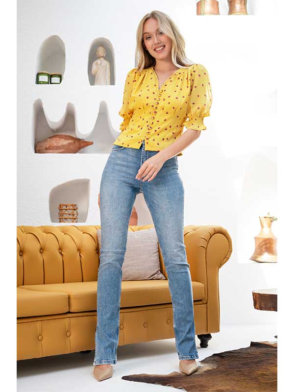Yellow V-Neck Puff Sleeve Shirt