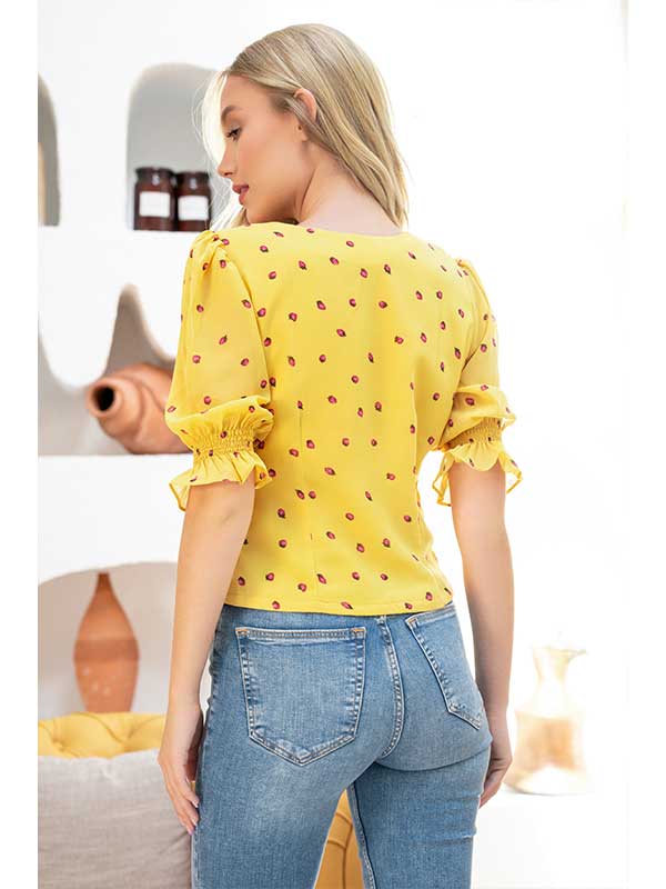 Yellow V-Neck Puff Sleeve Shirt