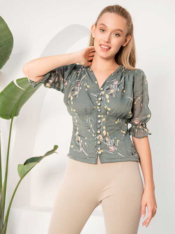 Grey V-Neck Puff Sleeve Shirt