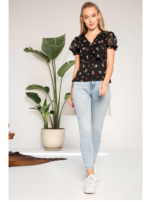 Black Printed Ruffle Trim V-neck Top