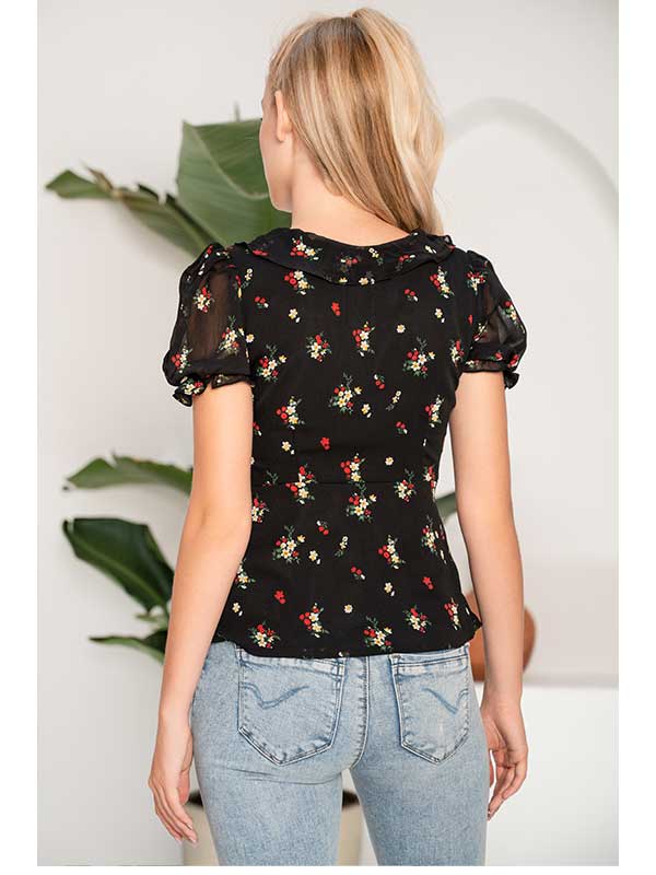 Black Printed Ruffle Trim V-neck Top