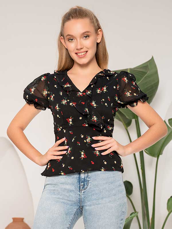 Black Printed Ruffle Trim V-neck Top