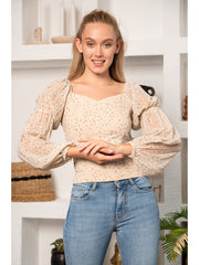 Off White Puff Sleeve Square Collar Floral Chiffon Printed Cropped Top Square