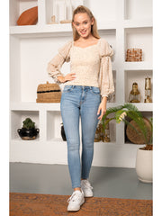Off White Puff Sleeve Square Collar Floral Chiffon Printed Cropped Top Square