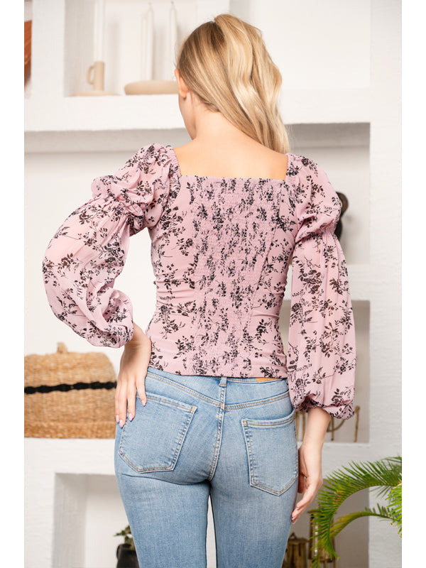 Purple Puff Sleeve Square Collar Floral Chiffon Printed Cropped Top Square