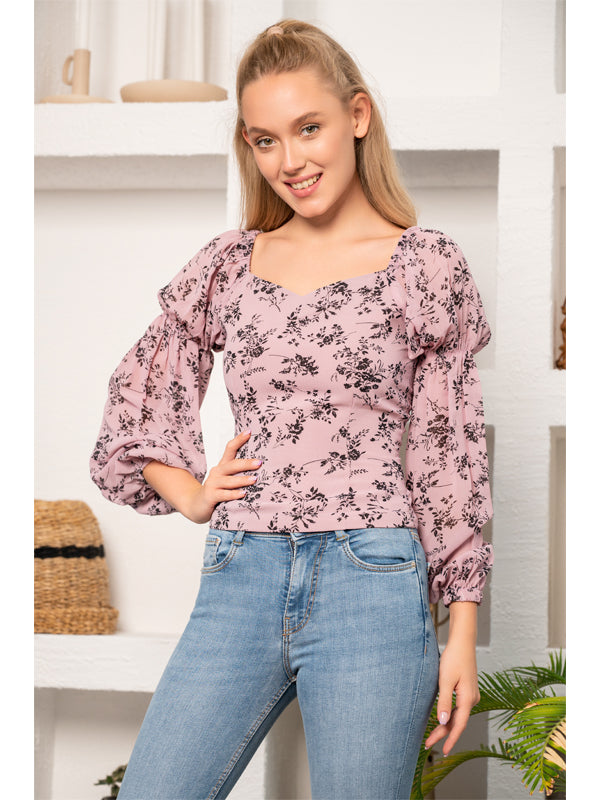 Purple Puff Sleeve Square Collar Floral Chiffon Printed Cropped Top Square