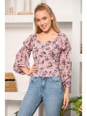 Purple Puff Sleeve Square Collar Floral Chiffon Printed Cropped Top Square
