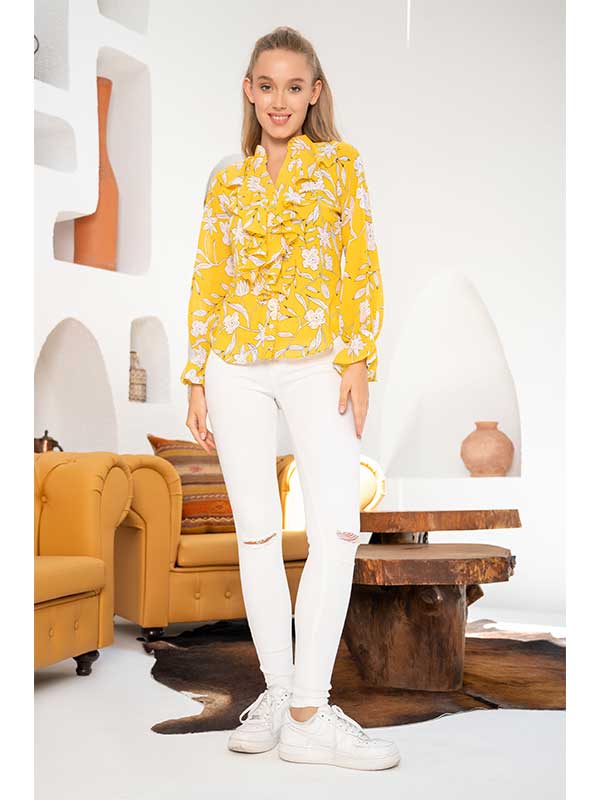Yellow Ruffle Trim Floral Top