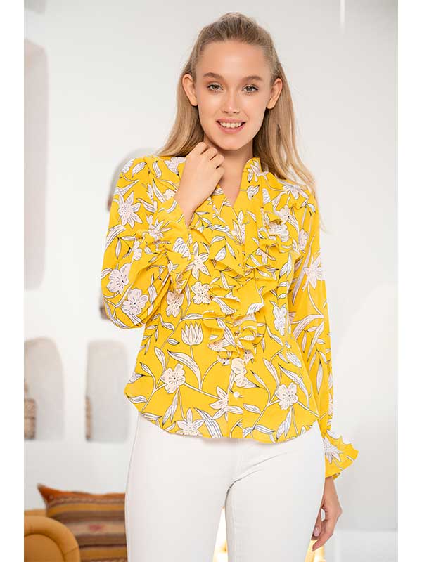 Yellow Ruffle Trim Floral Top