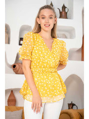 Yellow V-Neck Floral Print Front Babydoll Blouse