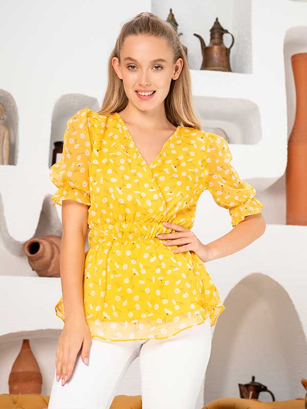 Yellow V-Neck Floral Print Front Babydoll Blouse
