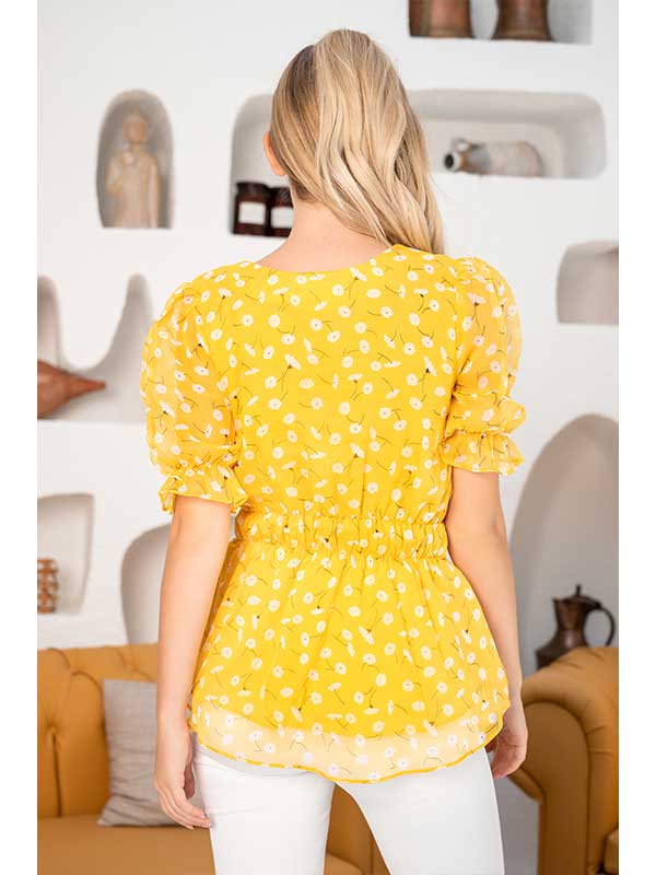 Yellow V-Neck Floral Print Front Babydoll Blouse