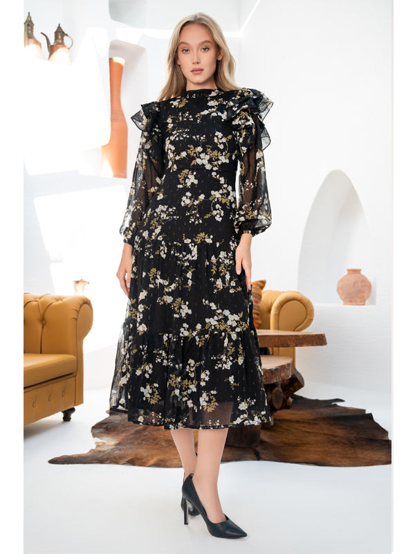 Black Chiffon Printed Dress For Women